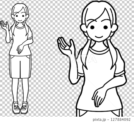 一位身穿運動服的高中女生舉起右手引導的線條畫 127884092