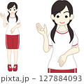 右手をあげて案内する体操服の女子高生カラー 127884093