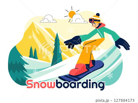 Snowboarding Vector Illustration Featuring People Sliding and Jumping on a Snowy Mountain Slope During Winter in a Flat Style Cartoon Background 127884173