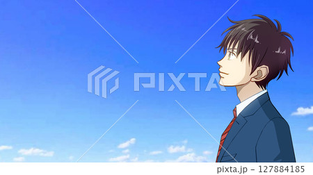 青空を見上げる制服の男子学生または社会人の横顔左向きアニメ風イラスト、左に余白 127884185