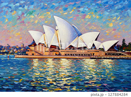 An impasto oil painting of the Sydney Opera House at sunset, its iconic sails reflected on the textured water. 127884284