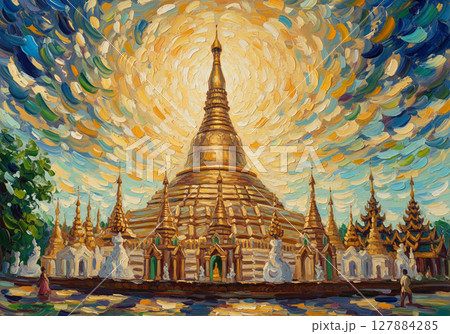 An impasto oil painting of the magnificent golden Shwedagon Pagoda under a swirling, celestial sky. 127884285