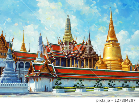 An impasto oil painting captures the Grand Palace in Bangkok, showcasing its vibrant colors and intricate Thai architecture under a bright sky. 127884287