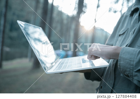 Future remote work combines technology nature smart phone enable e-learning productivity while traveling blending comfort modern devices serenity computer equipment business connection natural world 127884408