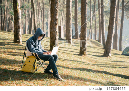 Future remote work combines technology nature smart phone enable e-learning productivity while traveling blending comfort modern devices serenity computer equipment business connection natural world 127884455