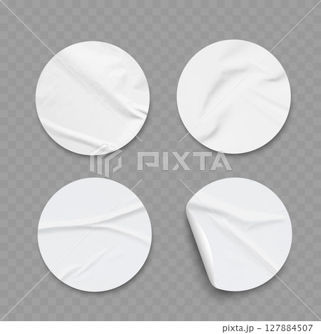 Realistic Round White Paper Stickers with Peel Effect and Wrinkles. Vector 127884507