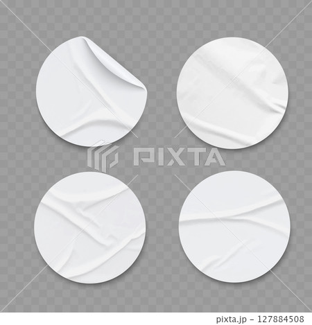 Realistic Round White Paper Stickers with Peel Effect and Wrinkles. Vector 127884508