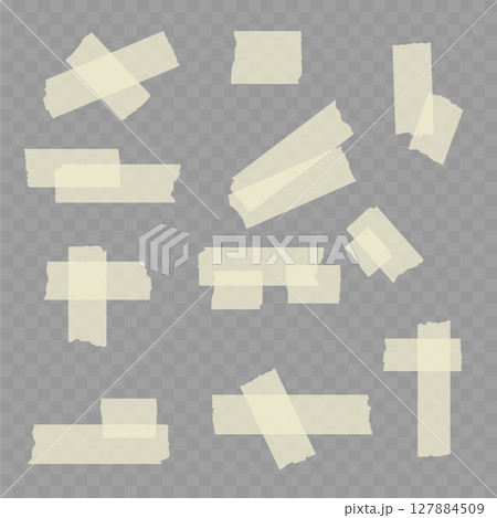 Realistic Set of Beige Adhesive Tape Pieces on Transparent Background. Vector 127884509