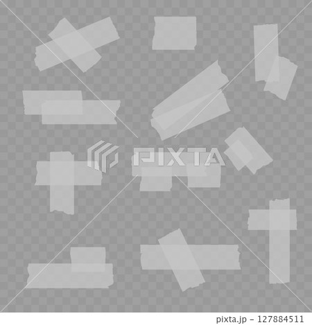 Realistic Set of Beige Adhesive Tape Pieces on Transparent Background. Vector 127884511