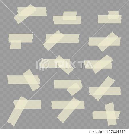 Realistic Set of Beige Adhesive Tape Pieces on Transparent Background. Vector 127884512