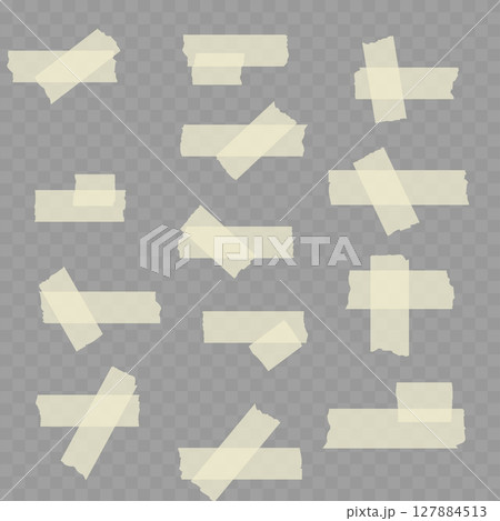Realistic Set of Beige Adhesive Tape Pieces on Transparent Background. Vector 127884513
