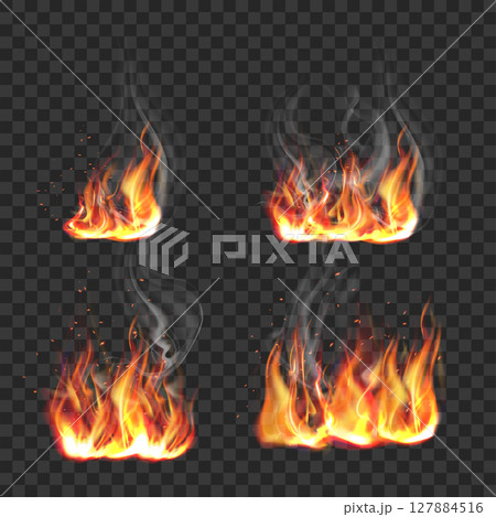 Realistic Fire Flames with Smoke and Sparks Set .Vector 127884516