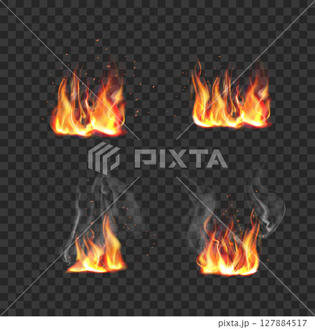 Realistic Fire Flames with Smoke and Sparks Set .Vector 127884517