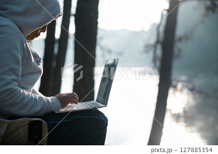 Future remote work combines technology nature smart phone enable e-learning productivity while traveling blending comfort modern devices serenity computer equipment business connection natural world 127885354