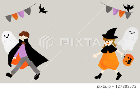 仮装した子どもたちのハロウィンイラスト（手描き風・背景あり） 127885372