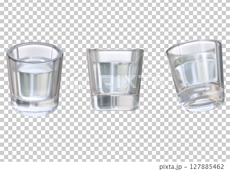 Three Shot Glasses Filled with Clear Liquid 3D Graphic 127885462