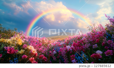 幻想的な花畑と空にかかる虹の橋の風景 127885612