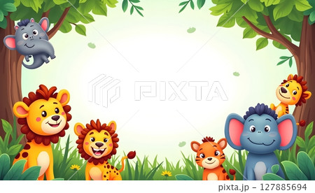 Animal jungle themed frame cartoon animals empty center space 127885694