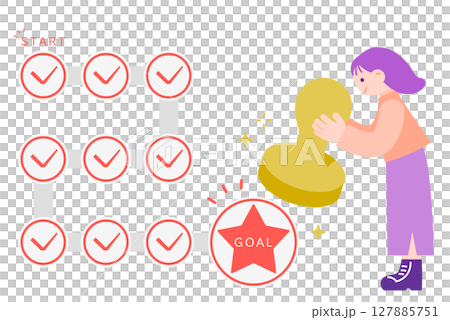 ゴールのスタンプを押して笑顔の女性　スタンプラリー・目標達成のイメージ 127885751