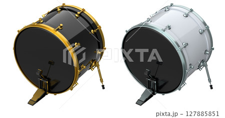 Set of drums with pedal on white background. 3d render of musical instrument Set of drums with pedal on white background. 3d render of musical instrument 127885851