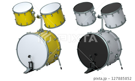 Set of drums with pedal on white background. 3d render of musical instrument 127885852
