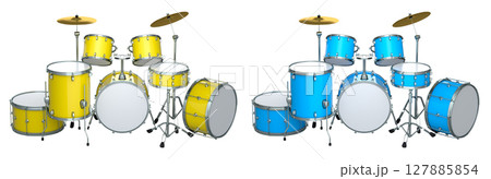 Set of realistic drums with metal cymbals or drumset on white background Set of realistic drums with metal cymbals or drumset on white background 127885854