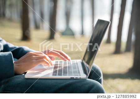 Future remote work combines technology nature smart phone enable e-learning productivity while traveling blending comfort modern devices serenity computer equipment business connection natural world 127885992