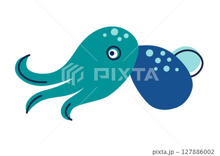 Flat cartoon vector illustration of cute bobtail squid in kids style. Colorful marine character with round body and big eyes for ocean childrens designs, sea life education, underwater decor 127886002