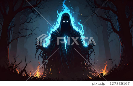 ファンタジーの悪役、青い炎の悪魔のイラスト ファンタジーの悪役、青い炎の悪魔のイラスト 127886167