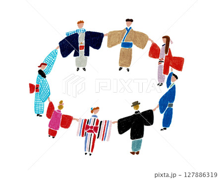 手描きイラスト 輪になって手をつなぐ着物姿の人々 手描きイラスト 輪になって手をつなぐ着物姿の人々 127886319