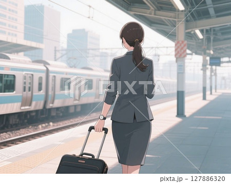 イラスト素材：ホームで電車を待つスーツ姿の女性、後ろ姿 127886320
