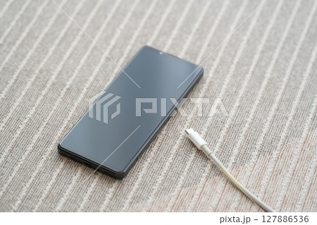 スマホとACアダプターを床に置いた構図 127886536
