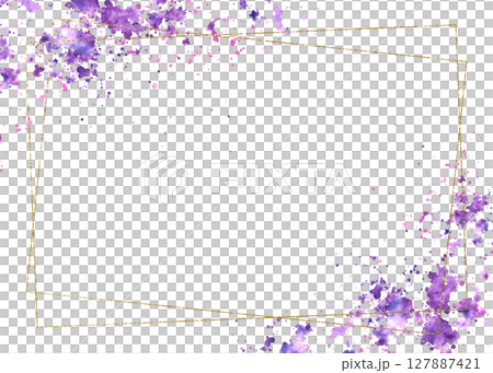 Gold frame with watercolor purple stains spotted background. Banner or card rectangular template. Hand painted isosolated illustration. Abstract lilac, pink and violet brush stroke with space for text Gold frame with watercolor purple stains spotted background. Banner or card rectangular template. Hand painted isosolated illustration. Abstract lilac, pink and violet brush stroke with space for text 127887421