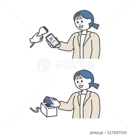 バーコード決済をするスーツ姿の女性 127887550