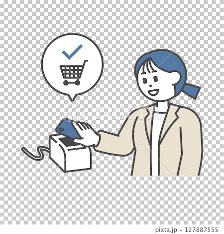 一位穿著西裝的女士正在使用條碼付款 127887555