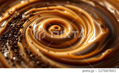 A smooth swirl of coffee pouring into a bowl, highlighting a tempting combination of flavors 127887601