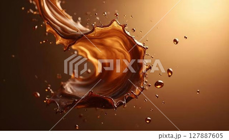 A striking splash of chocolate on a brown background, symbolizing the delightful fusion of chocolate and coffee 127887605