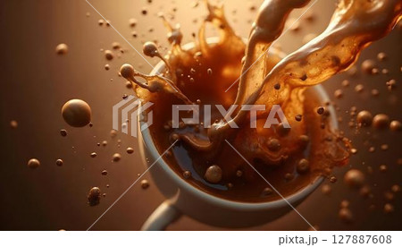 A dynamic splash of chocolate on a warm brown backdrop, reminiscent of a coffee-inspired treat 127887608