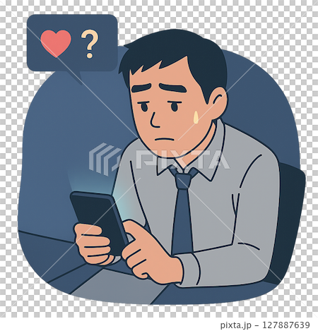 A man checking social media with an anxious expression on his face, spending time on his smartphone at night worrying about likes, a businessman struggling with a need for approval 127887639