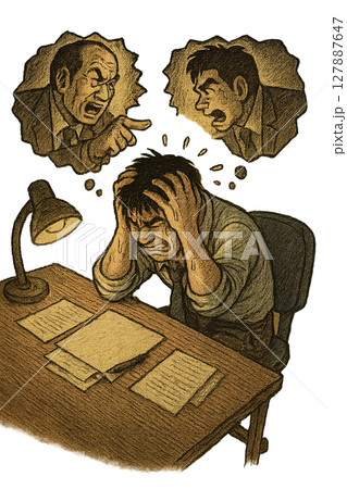 怒られた記憶を思い出し苦しむ、叱責の記憶に頭を抱える、職場のトラウマがよみがえる瞬間 127887647