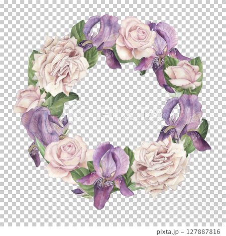 Watercolor floral wreath with soft pink roses and purple irises, accented by lush green leaves. Elegant botanical circle perfect for wedding design, invitations, spring decor, and romantic artwork 127887816