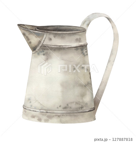Watercolor illustration of a vintage metal pitcher with rustic patina. Antique farmhouse jug with handle and spout, ideal for country kitchen decor, retro design, or rustic-themed artwork and prints 127887818