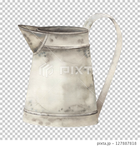 Watercolor illustration of a vintage metal pitcher with rustic patina. Antique farmhouse jug with handle and spout, ideal for country kitchen decor, retro design, or rustic-themed artwork and prints 127887818