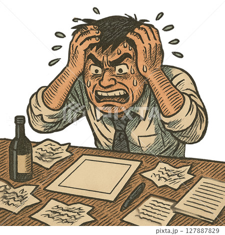 完璧主義に苦しむビジネスマン、締切に追われて焦る時間、頭を抱えて悩む仕事のストレス 127887829