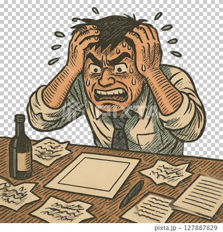 完璧主義に苦しむビジネスマン、締切に追われて焦る時間、頭を抱えて悩む仕事のストレス 127887829