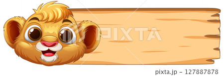 Cute Lion Cub with Wooden Sign 127887878