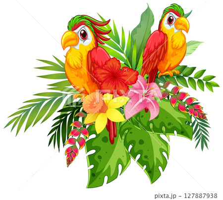 Colorful Birds with Tropical Flowers Illustration 127887938