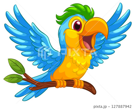 Colorful Cartoon Macaw on a Branch 127887942