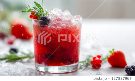 Chilled berry mocktail in short glass with crushed ice and garnish of red currant rosemary and blackberry on white background captures fruity refreshment and cool summer drink concept 127887967