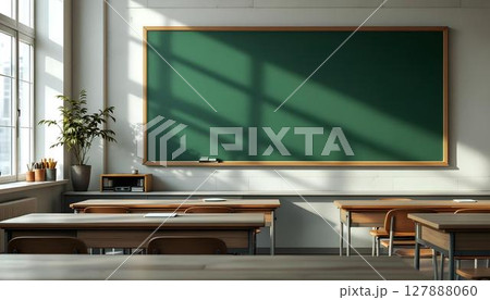 A back-to-school classroom image showcasing desks and a chalkboard for educational settings 127888060